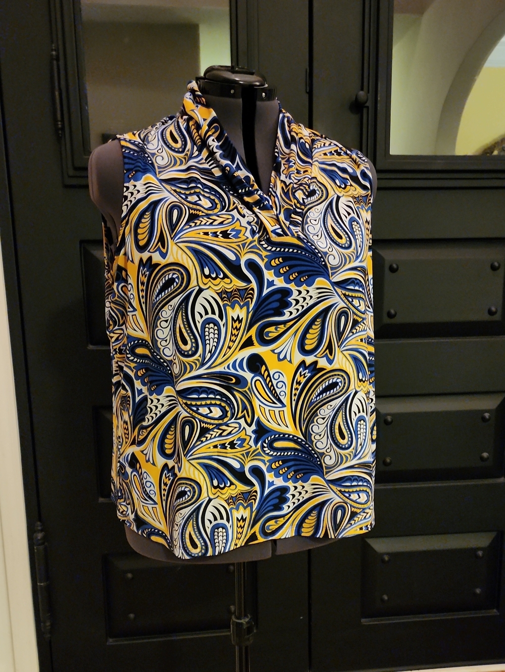 Anne Klein Yellow, Navy & White Paisley Cowl Neck Sleeveless Top